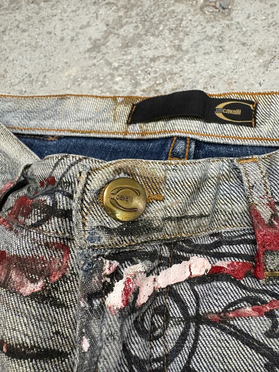 2000s Cavalli Grey Scars Flowers Abstract Denim Jeans - Image 11
