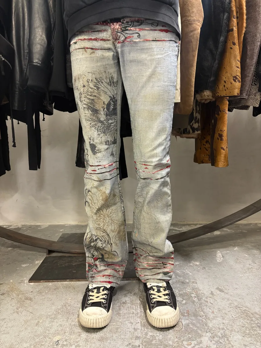 2000s Cavalli Grey Scars Flowers Abstract Denim Jeans - Image 2