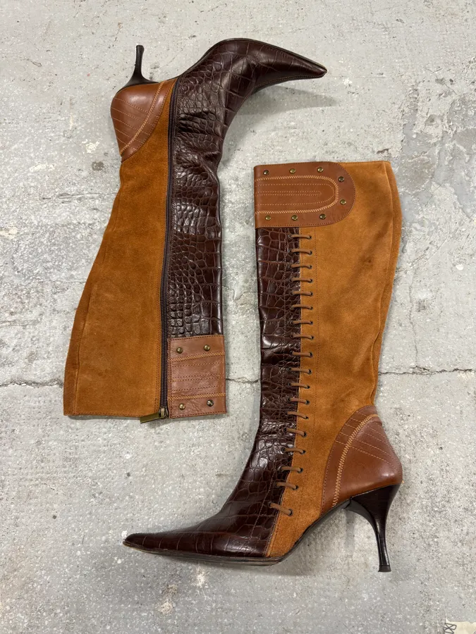 2000s Cavalli Laces Suede Extotic Effect Leather Heels