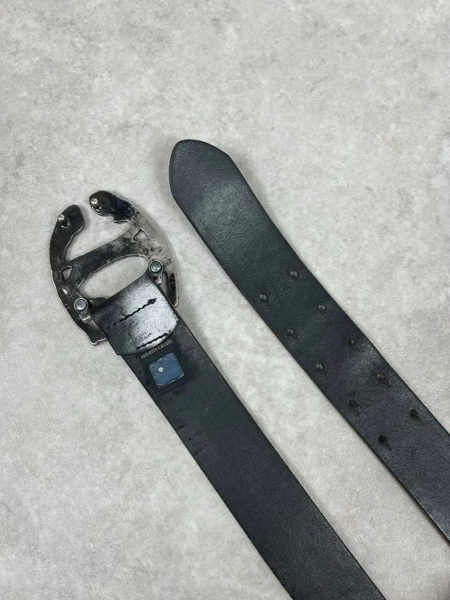 2000s Cavalli Leaves Logo Buckle Black Leather Belt - Image 4