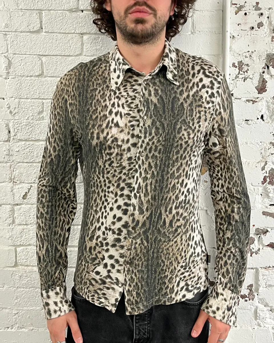 2000s Cavalli Leopard Print Beige Shirt - Image 3