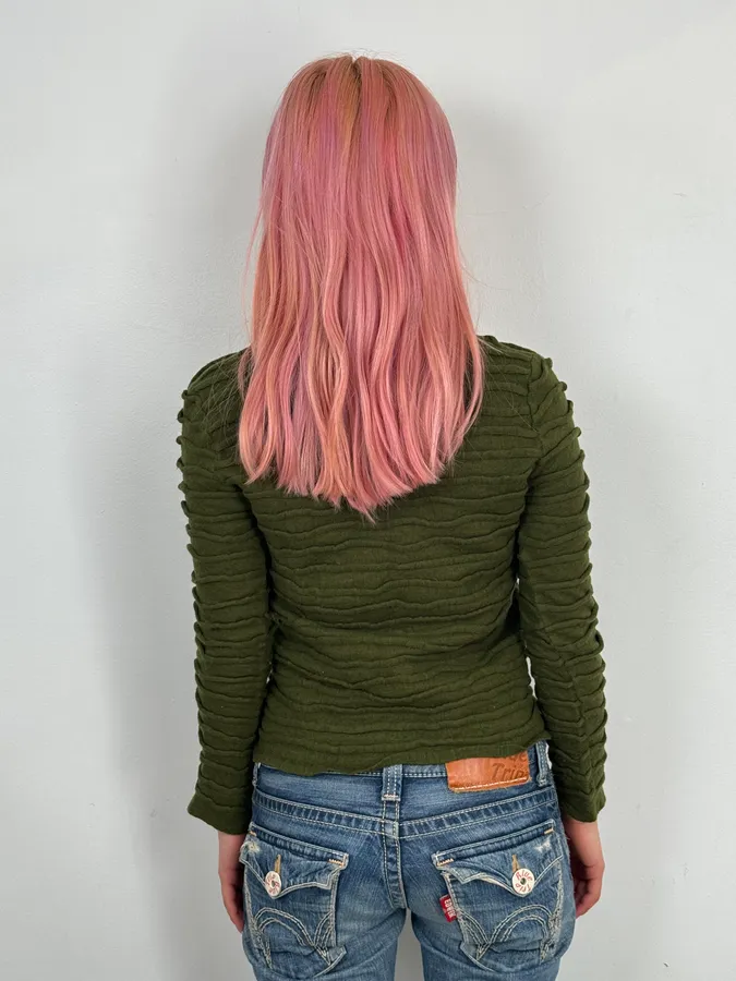 2000s Cavalli Olive Textured Wave Wool Sweater - Image 2