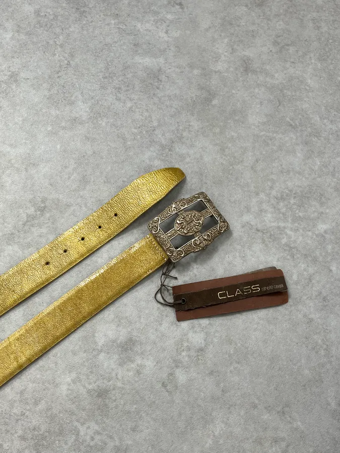 2000s Cavalli Ornament Buckle Golden Leather Belt - Image 3
