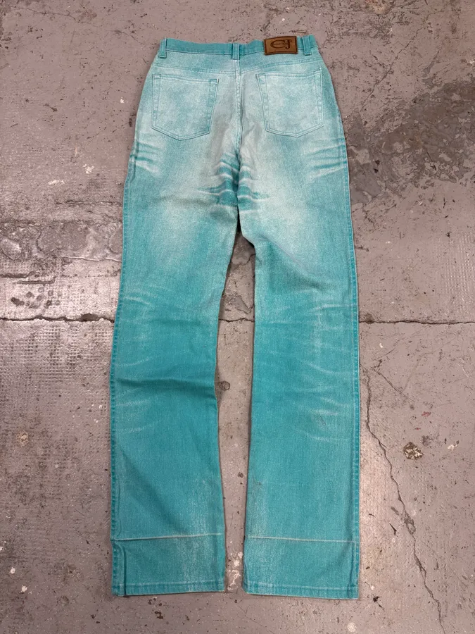 2000s Cavalli Overprint Faded Ocean Blue Pants - Image 7
