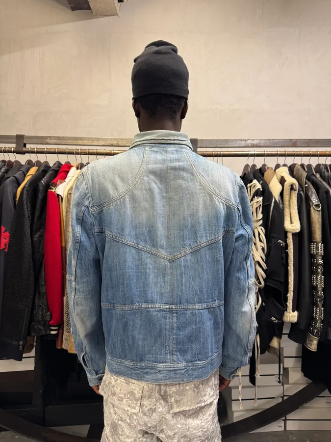 2000s Cavalli Patchwork Trompe L’Oeil Blue Denim Jacket - Image 3