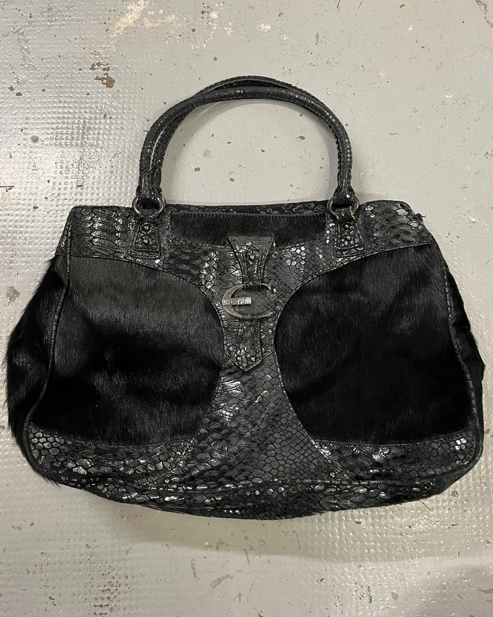 2000s Cavalli Pony Hair & Black Leather Python Effect Bag
