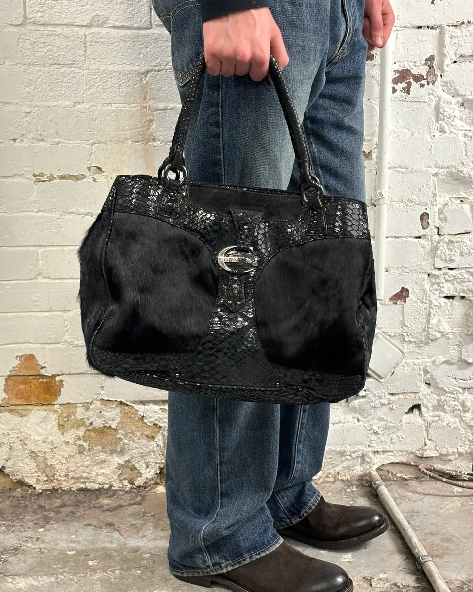 2000s Cavalli Pony Hair & Black Leather Python Effect Bag - Image 2