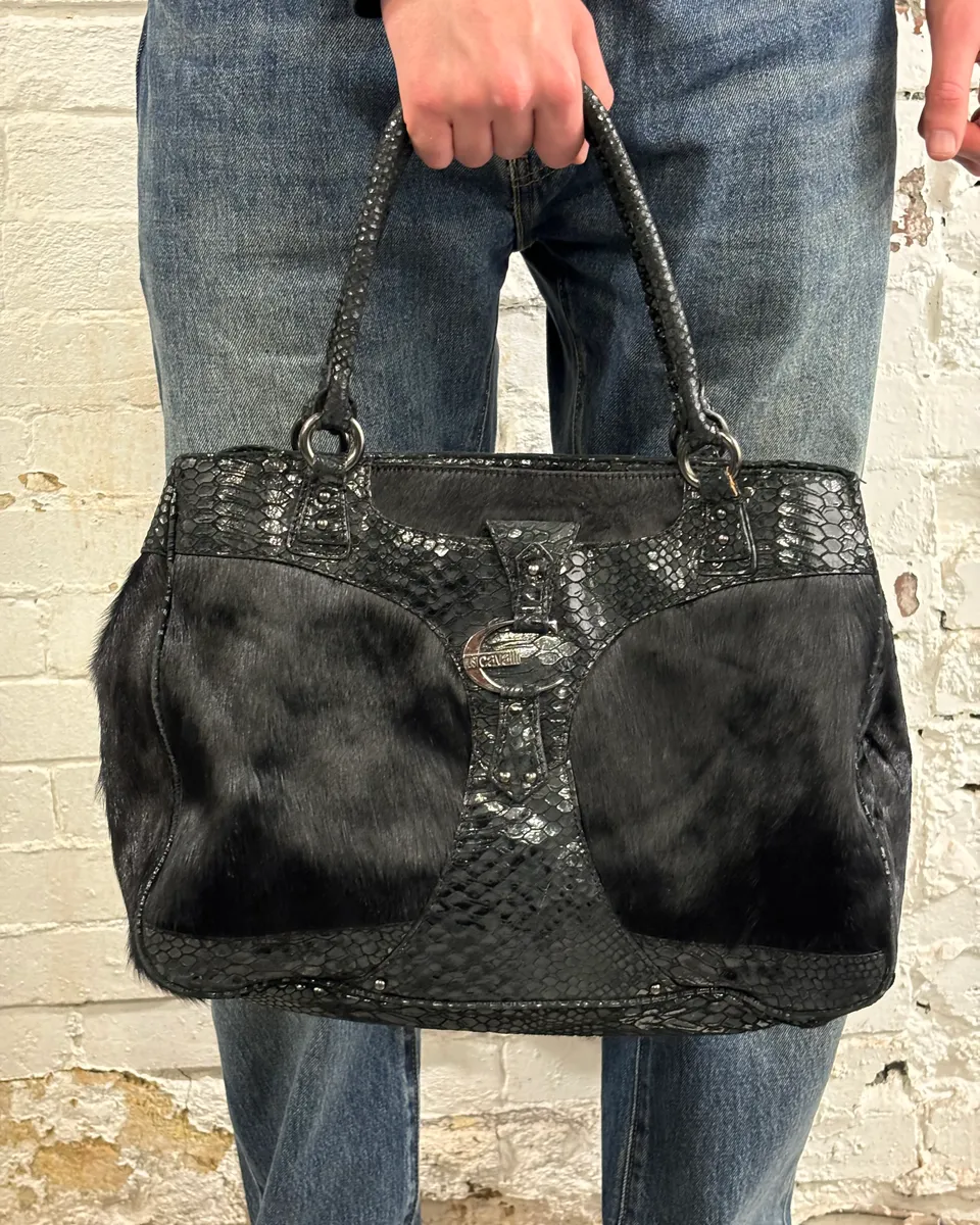 2000s Cavalli Pony Hair & Black Leather Python Effect Bag - Image 3