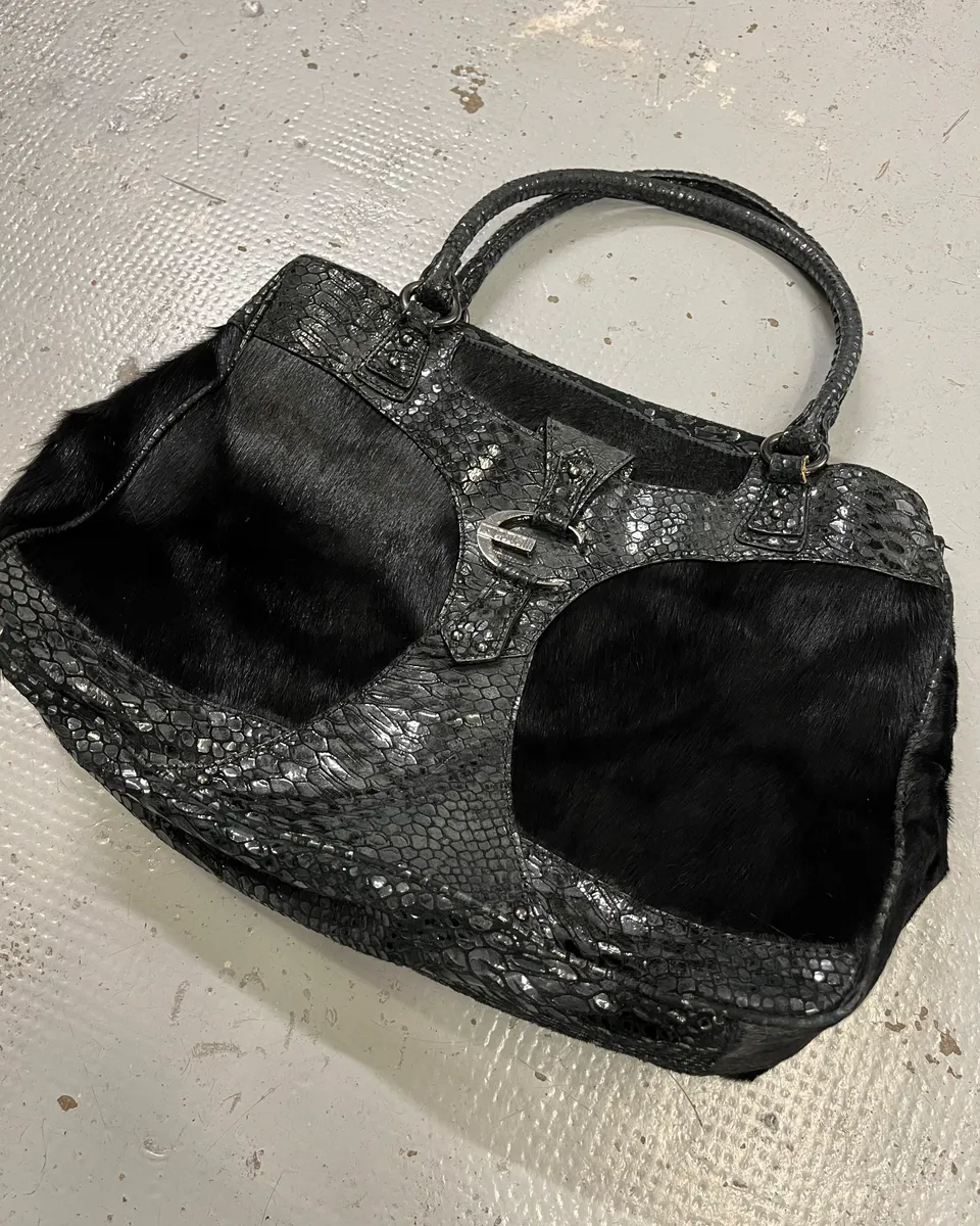 2000s Cavalli Pony Hair & Black Leather Python Effect Bag - Image 4