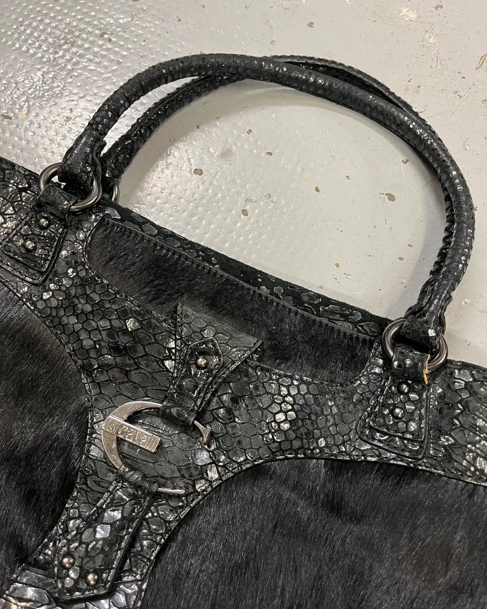2000s Cavalli Pony Hair & Black Leather Python Effect Bag - Image 5