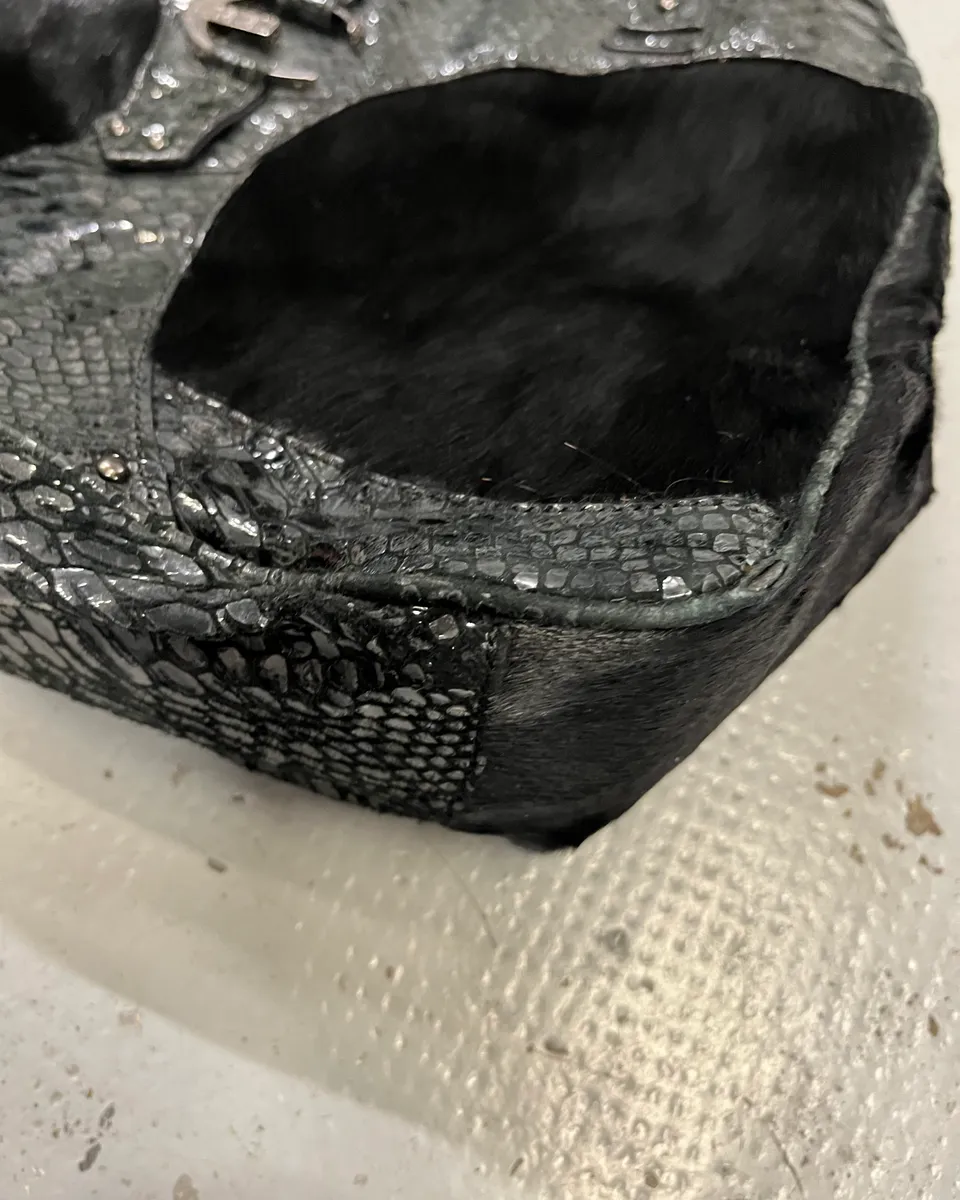 2000s Cavalli Pony Hair & Black Leather Python Effect Bag - Image 6