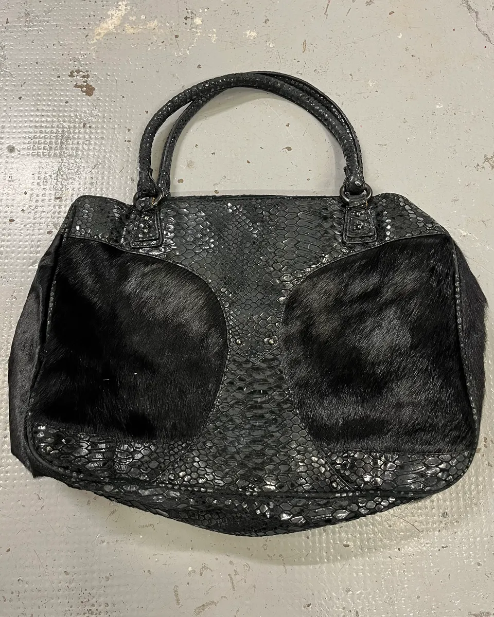 2000s Cavalli Pony Hair & Black Leather Python Effect Bag - Image 8