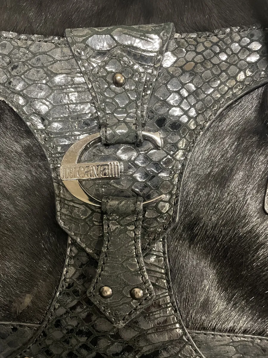 2000s Cavalli Pony Hair & Black Leather Python Effect Bag - Image 9