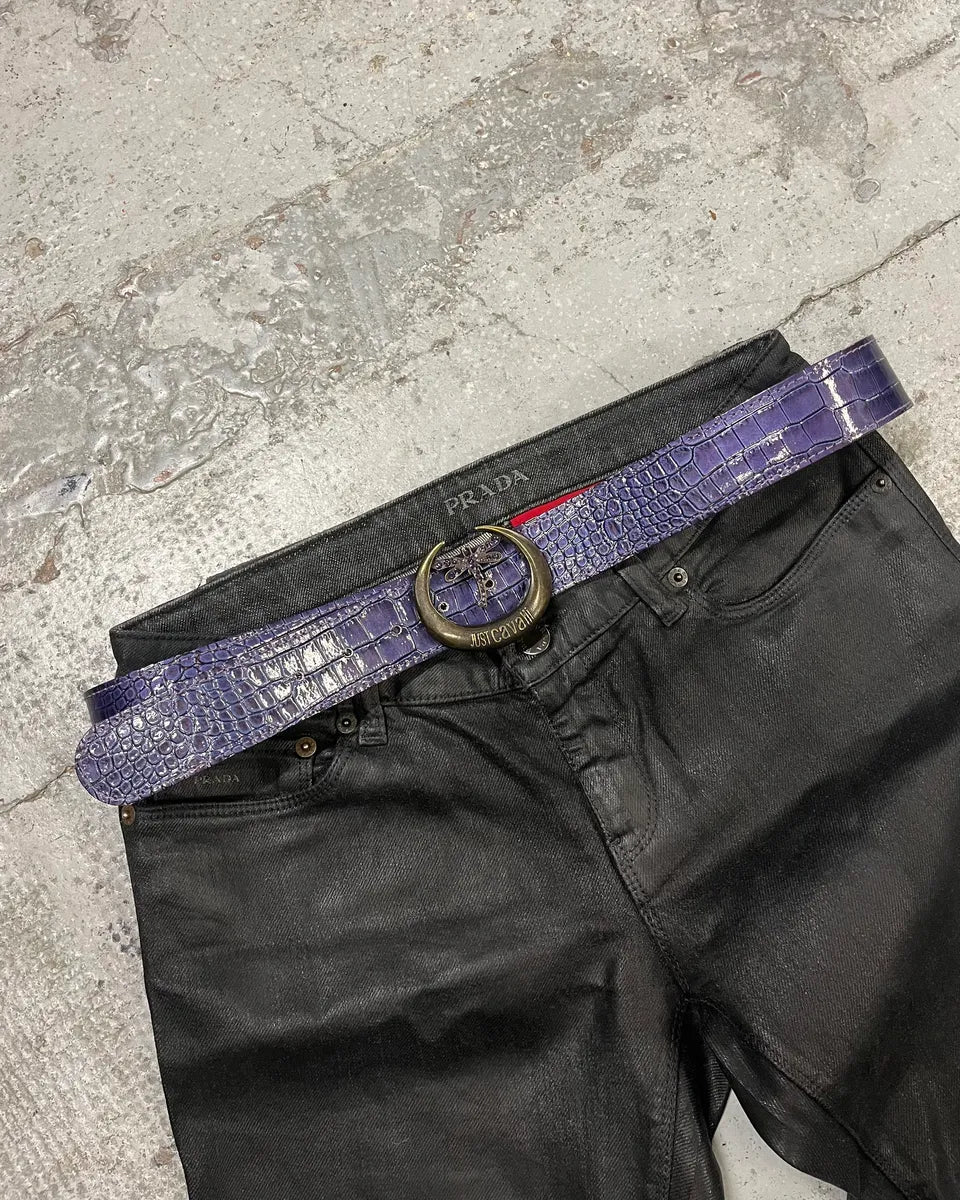 2000s Cavalli Purple Crocodile Effect Bee Leather Belt