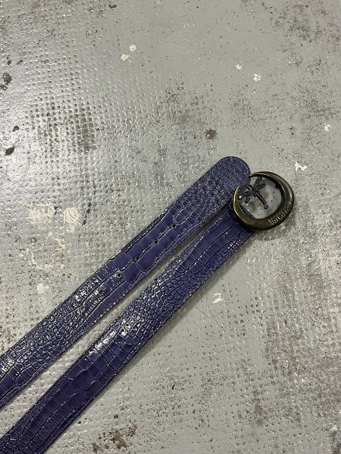 2000s Cavalli Purple Crocodile Effect Bee Leather Belt - Image 4