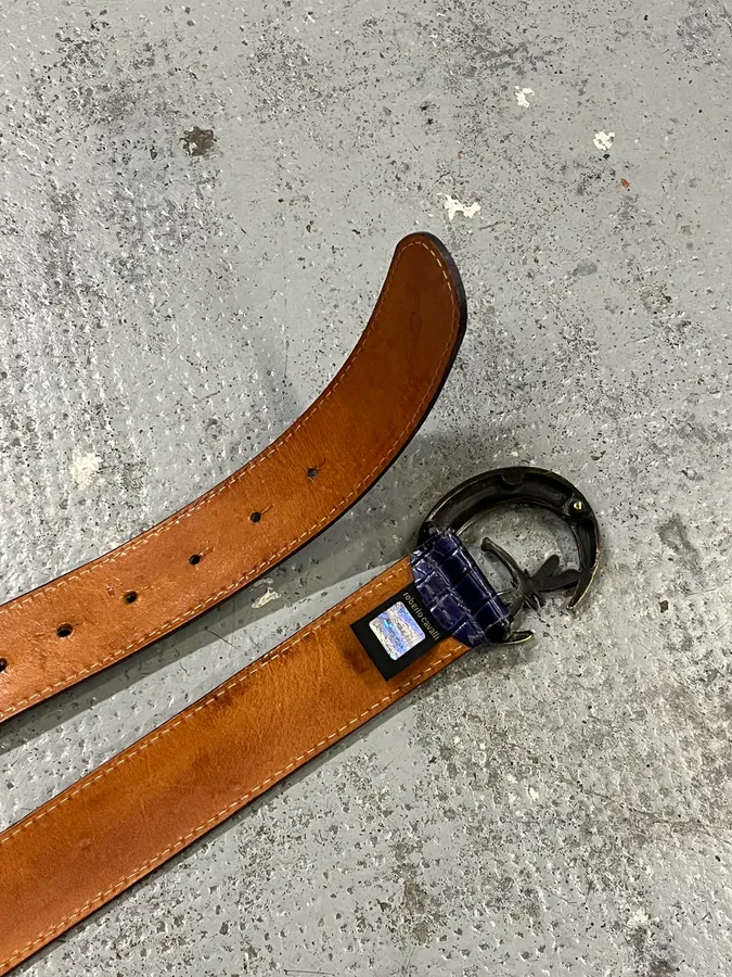2000s Cavalli Purple Crocodile Effect Bee Leather Belt - Image 5