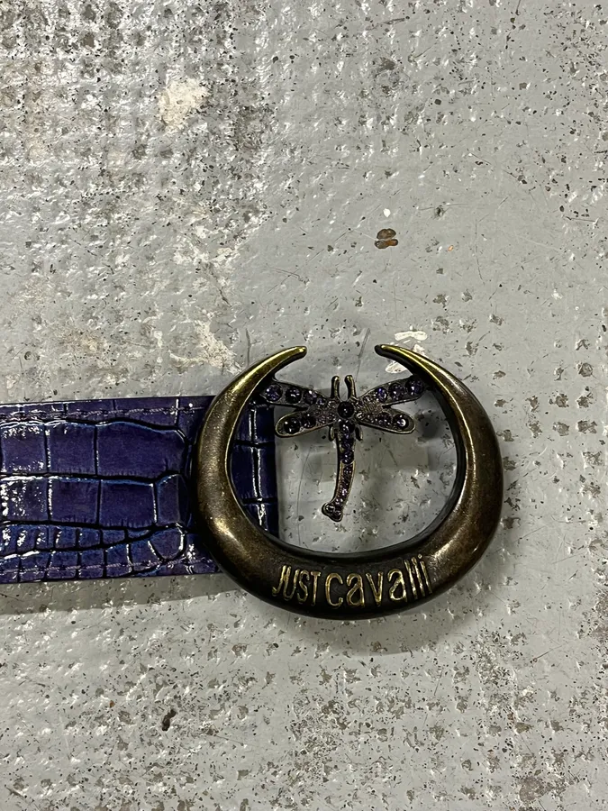 2000s Cavalli Purple Crocodile Effect Bee Leather Belt - Image 6