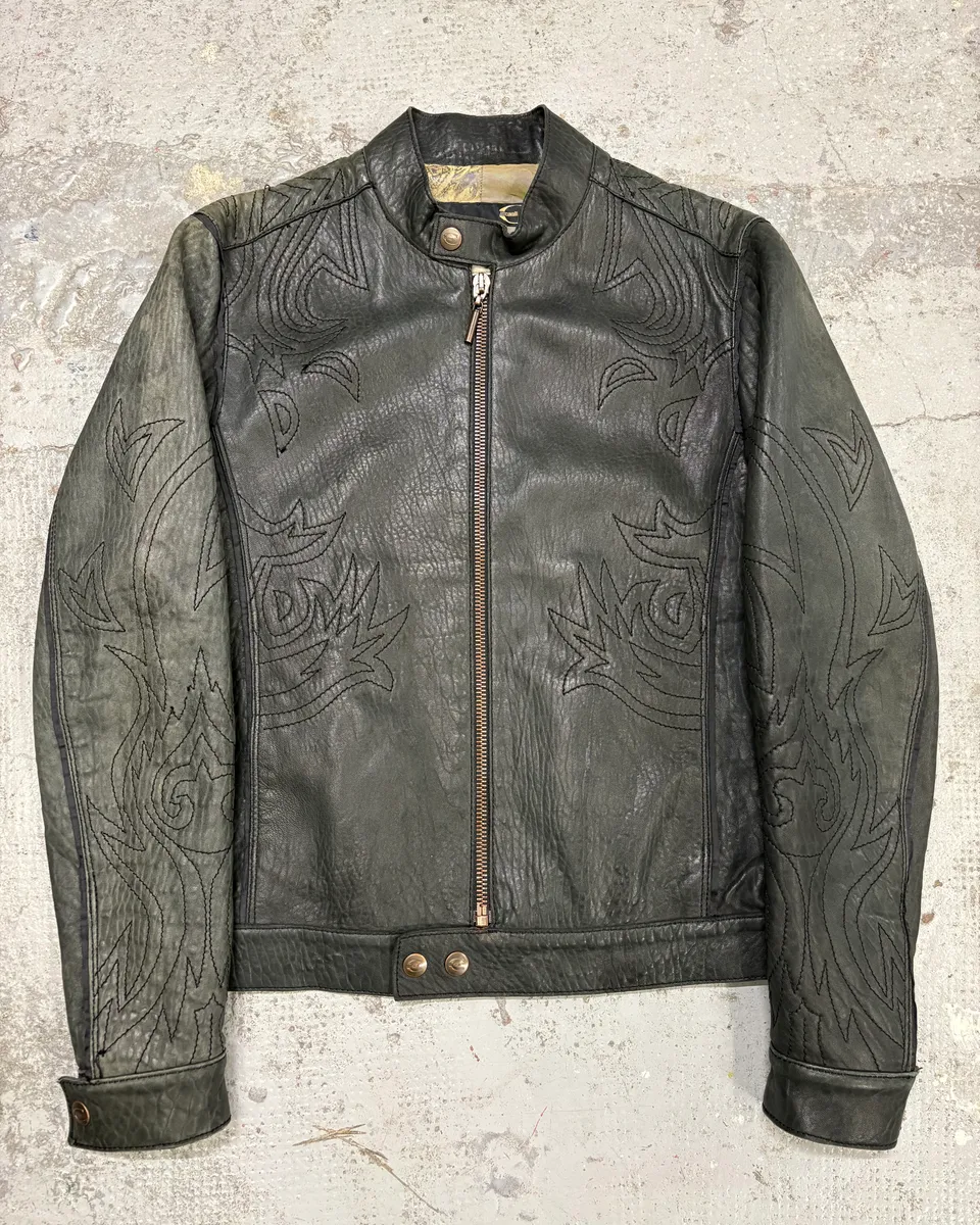 2000s Cavalli Raw Black Embroidered Flowers Leather Jacket