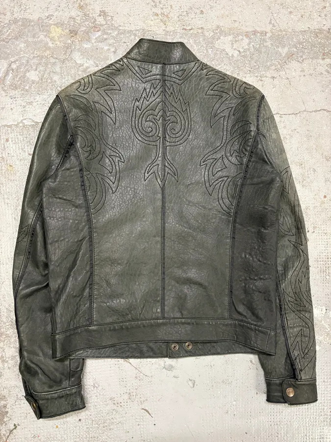2000s Cavalli Raw Black Embroidered Flowers Leather Jacket - Image 6