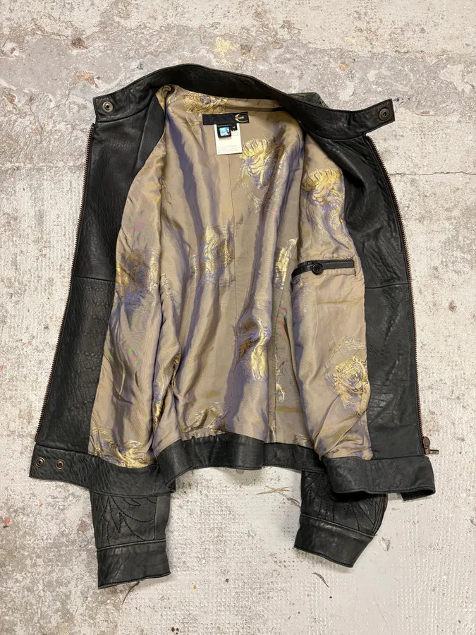 2000s Cavalli Raw Black Embroidered Flowers Leather Jacket - Image 7
