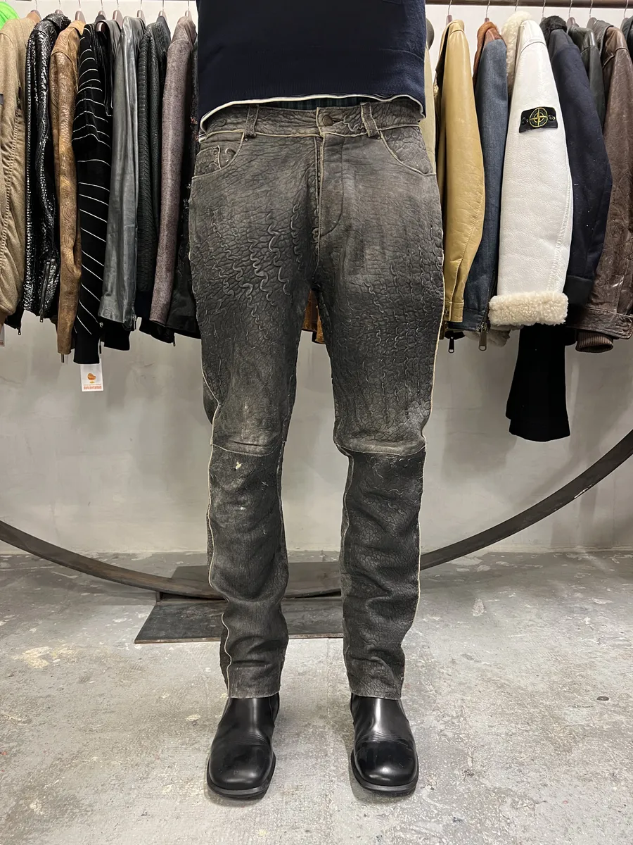 2000s Cavalli Raw Grey Leather Pants - Image 3