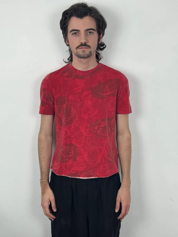 2000s Cavalli Red Blossom Rose Floral T-Shirt - Image 2
