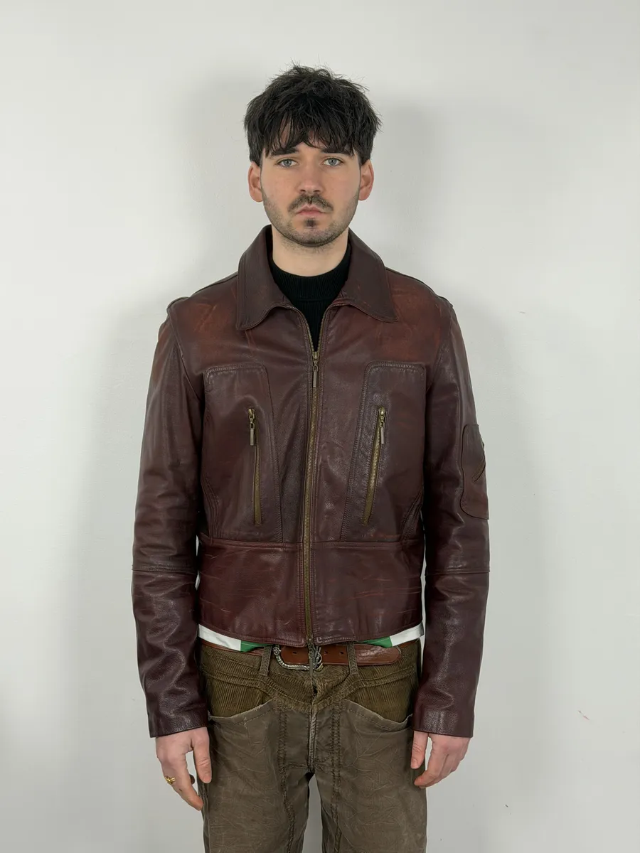 2000s Cavalli Red Bordeaux Fighter Leather Jacket - Image 2