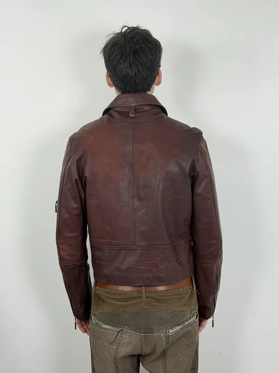 2000s Cavalli Red Bordeaux Fighter Leather Jacket - Image 3