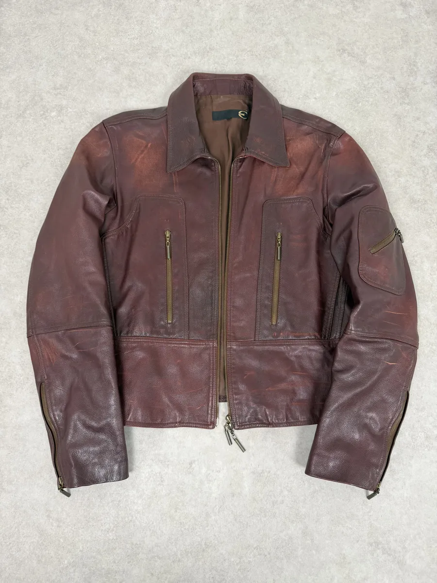 2000s Cavalli Red Bordeaux Fighter Leather Jacket - Image 4