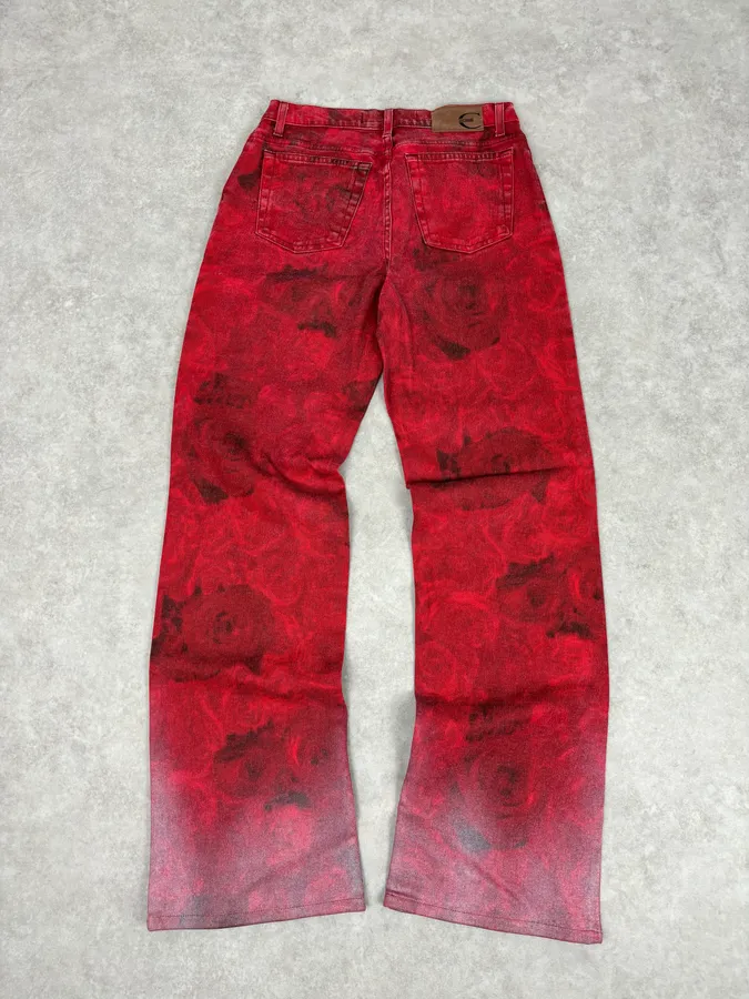 2000s Cavalli Red Flowers Blossom Acid-Washed Pants - Image 6