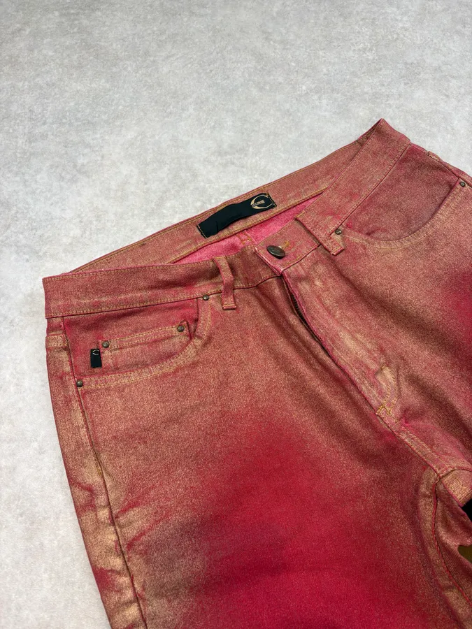 2000s Cavalli Red & Golden Aura Pants - Image 6