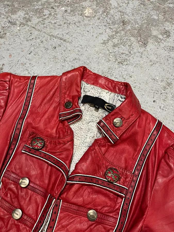 2000s Cavalli Red Leather Imperial Buttoned Jacket - Image 2
