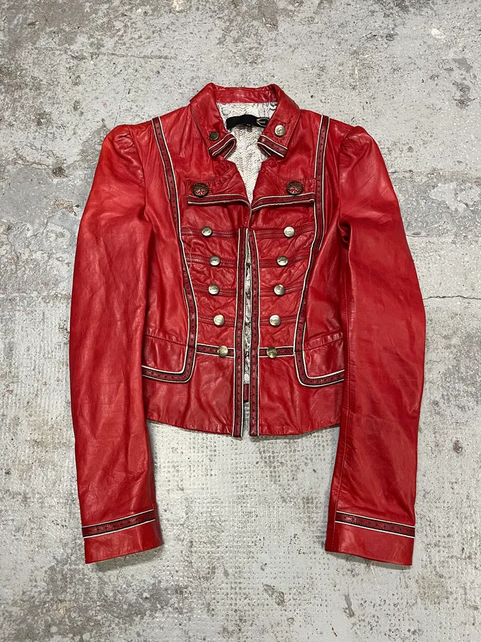 2000s Cavalli Red Leather Imperial Buttoned Jacket - Image 3