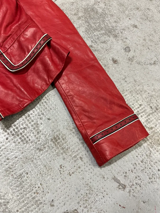 2000s Cavalli Red Leather Imperial Buttoned Jacket - Image 4