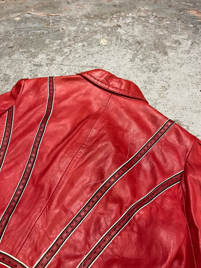 2000s Cavalli Red Leather Imperial Buttoned Jacket - Image 5