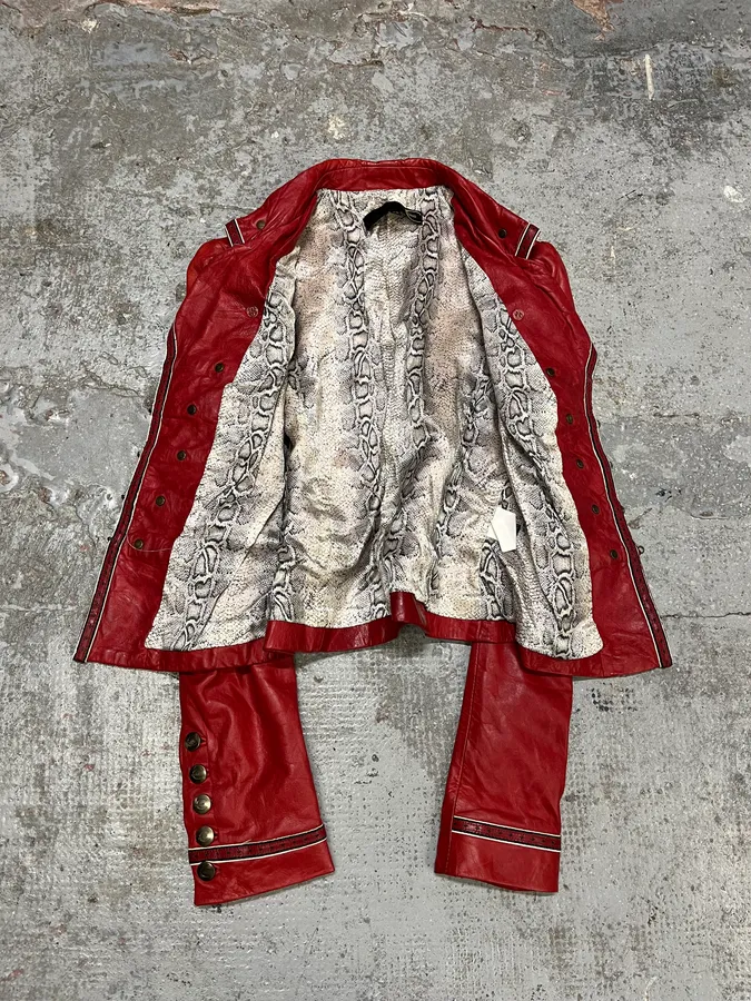 2000s Cavalli Red Leather Imperial Buttoned Jacket - Image 7