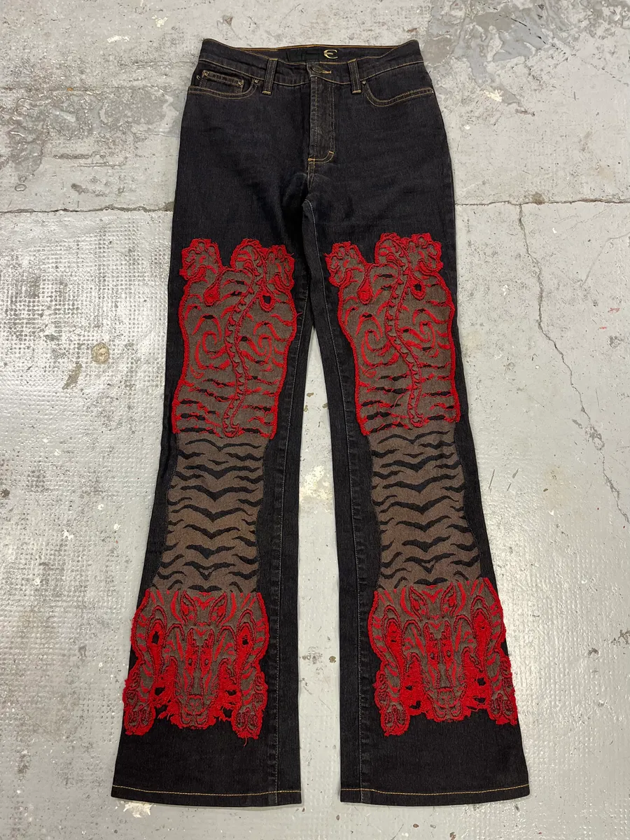 2000s Cavalli Red Tiger Black Black Jeans - Image 2