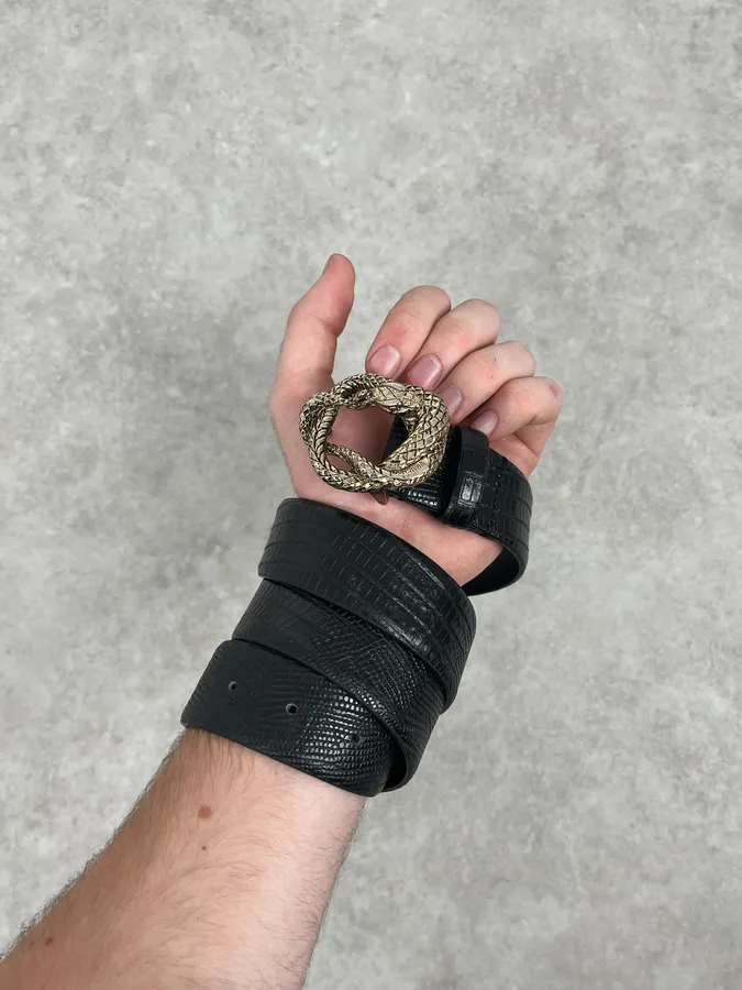 2000s Cavalli Snake Buckle Black Crocodile Effect Leather Belt - Image 2