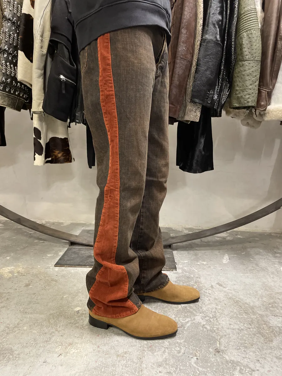 2000s Cavalli Straight Large Orange Velvet & Faded Denim Jeans - Image 2
