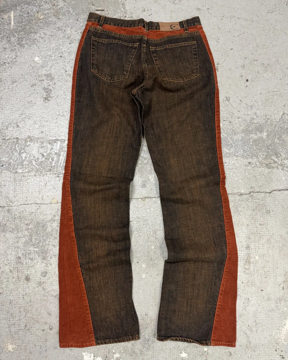 2000s Cavalli Straight Large Orange Velvet & Faded Denim Jeans - Image 8
