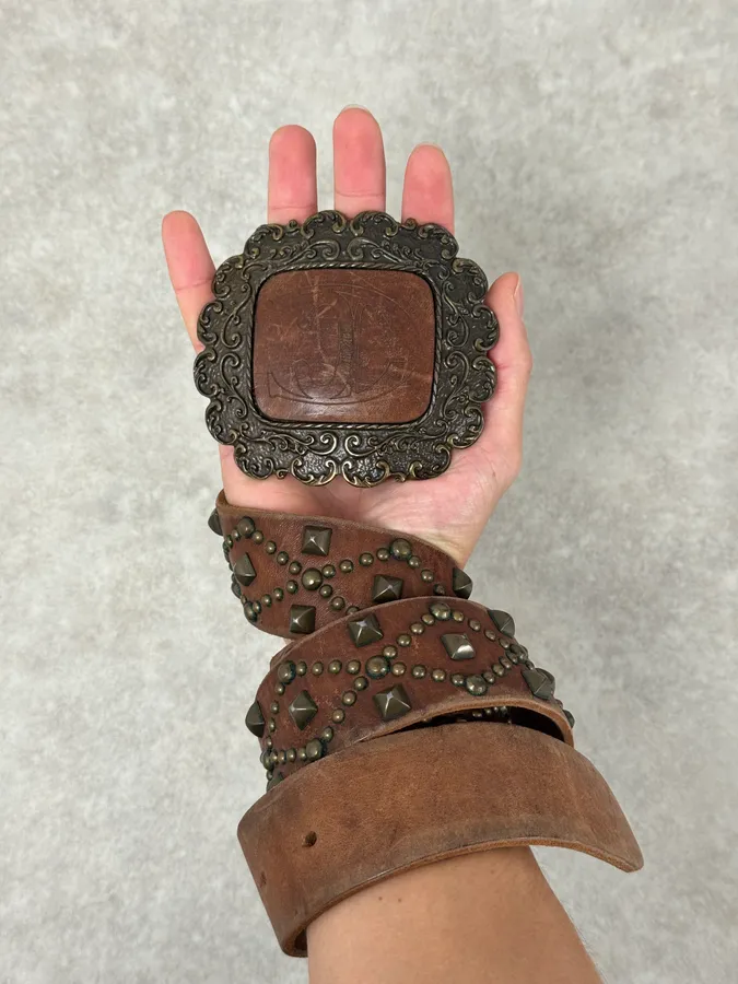 2000s Cavalli Studded Brown Leather Belt
