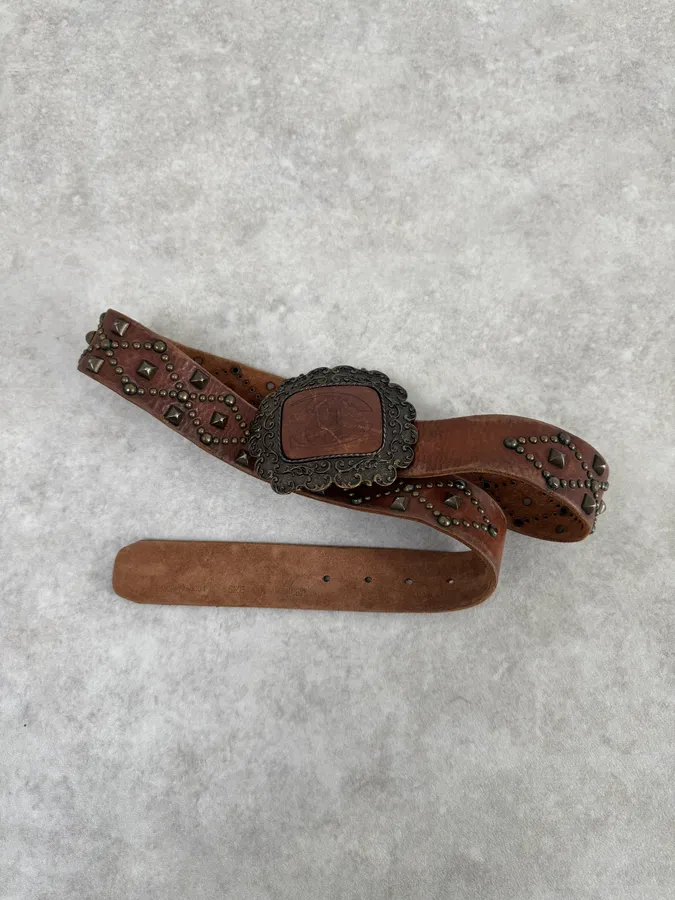 2000s Cavalli Studded Brown Leather Belt - Image 4