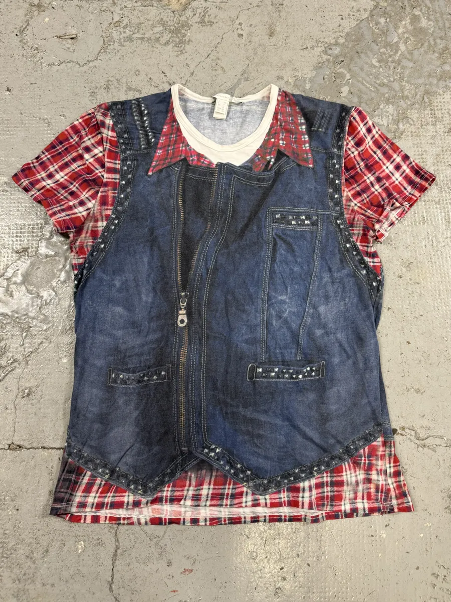 2000s Cavalli Trompe L’Oeil Denim Blue & Red Tartan T-Shirt