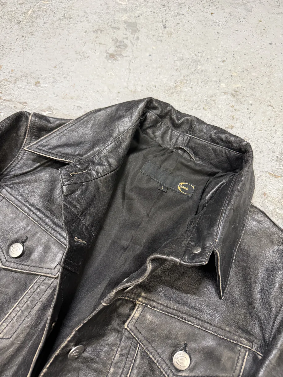 2000s Cavalli Trucker Raw Leather Jacket - Image 9