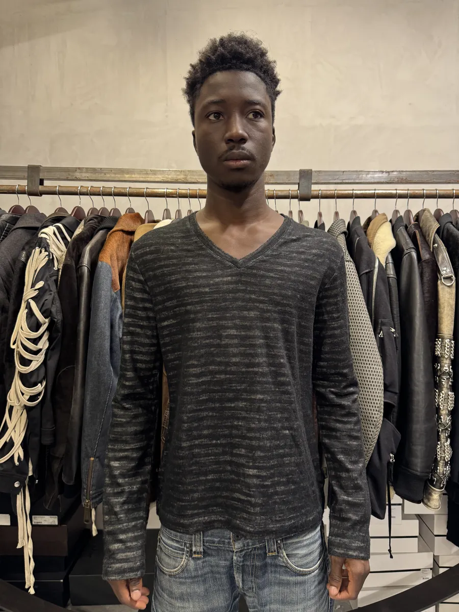 2000s Cavalli V Neck Anthracite Wool Striped Sweater - Image 2