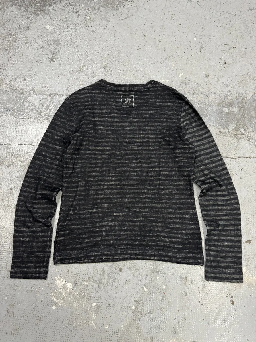 2000s Cavalli V Neck Anthracite Wool Striped Sweater - Image 4