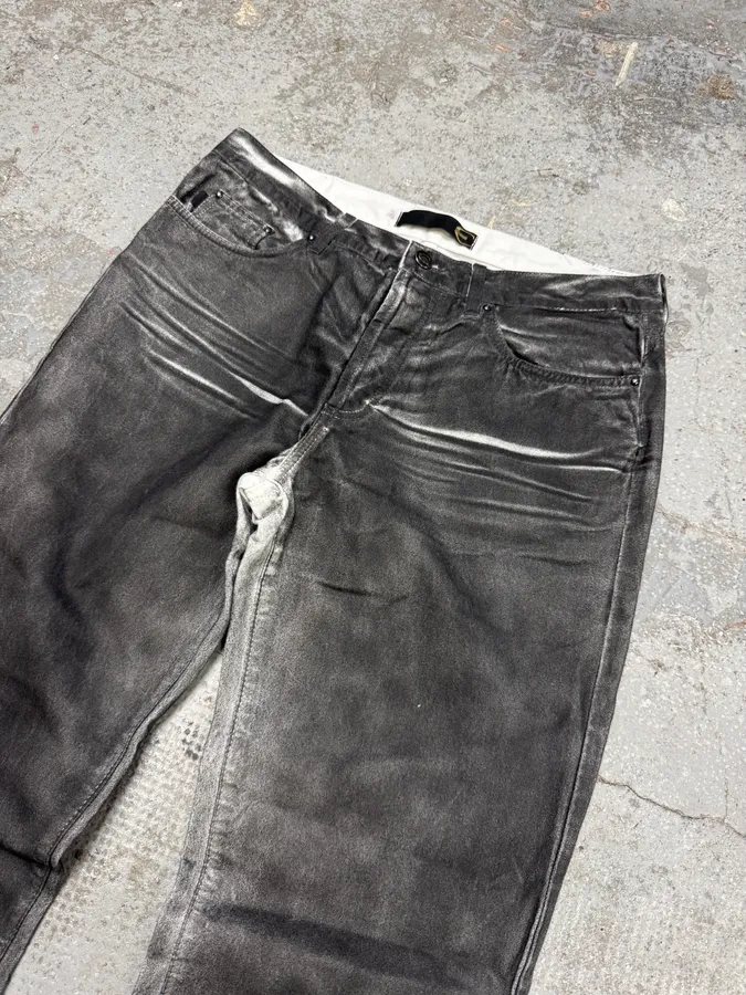 2000s Cavalli Waxed Overprint Faded Grey Pants - Image 5