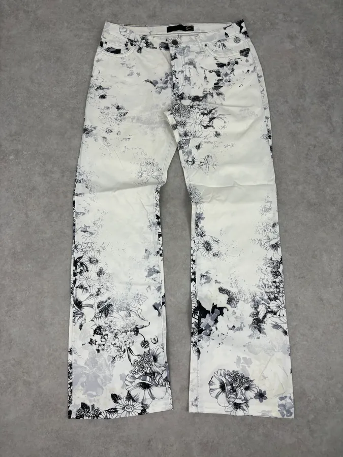 2000s Cavalli White Floral Obscure Cozy Pants