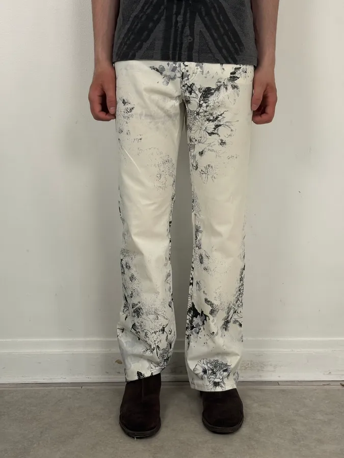 2000s Cavalli White Floral Obscure Cozy Pants - Image 2