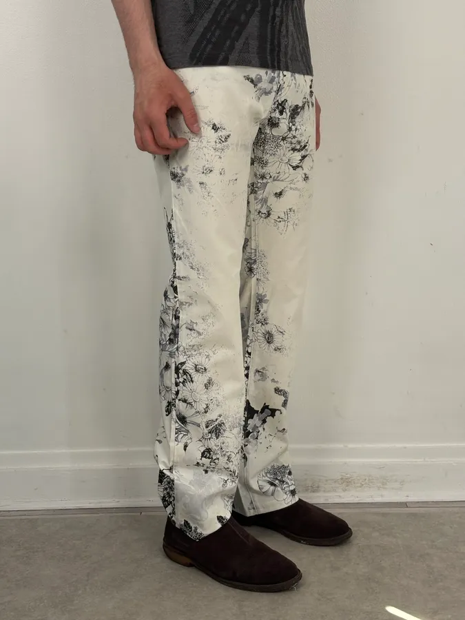 2000s Cavalli White Floral Obscure Cozy Pants - Image 3